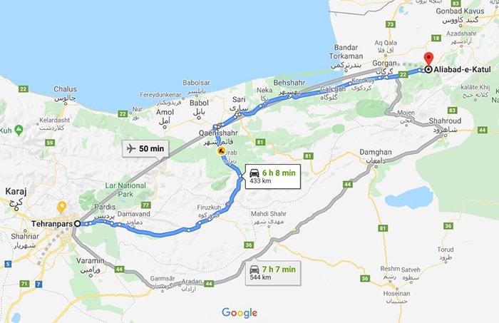 نقشه فاصله تهران تا علی آباد کتول