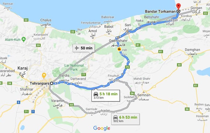 نقشه فاصله تهران تا بندر ترکمن