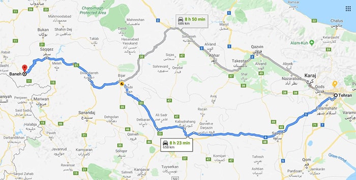 نقشه فاصله تهران تا بانه از جاده ساوه