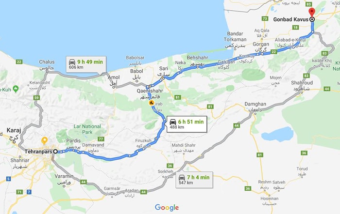 نقشه فاصله تهران تا گنبد کاووس