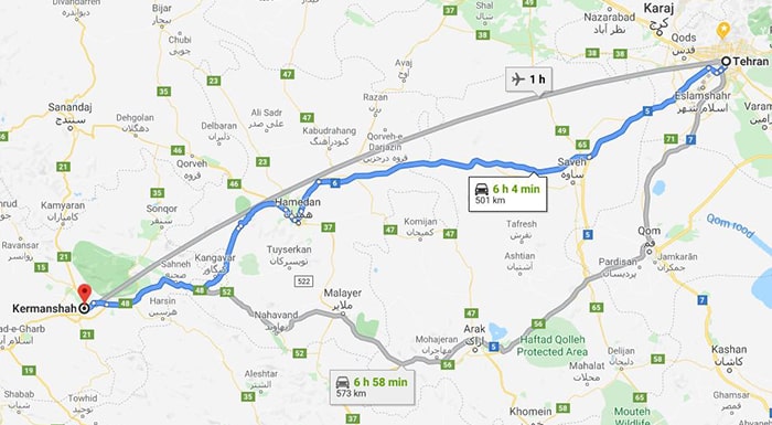 نقشه فاصله تهران تا کرمانشاه