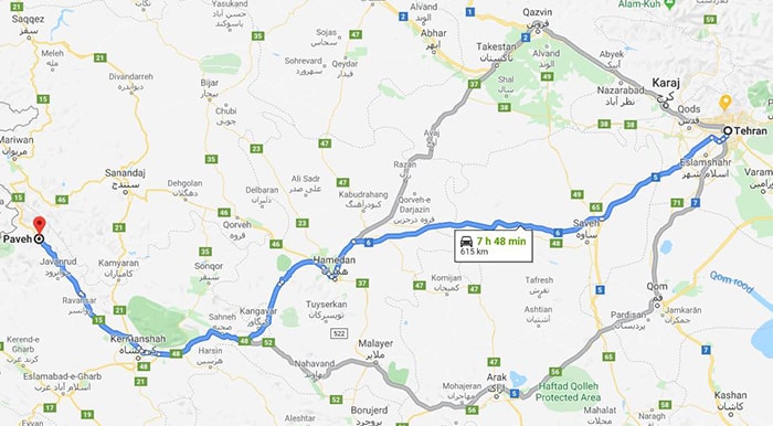 نقشه فاصله تهران تا پاوه کرمانشاه