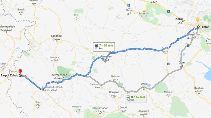 نقشه  فاصله تهران تا سرپل ذهاب کرمانشاه