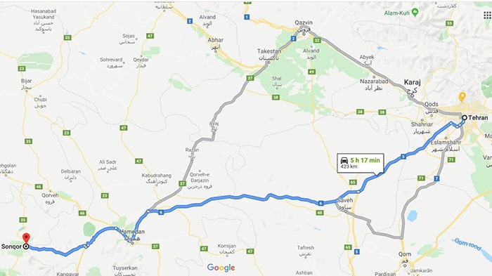 نقشه فاصله تهران تا سنقر کرمانشاه