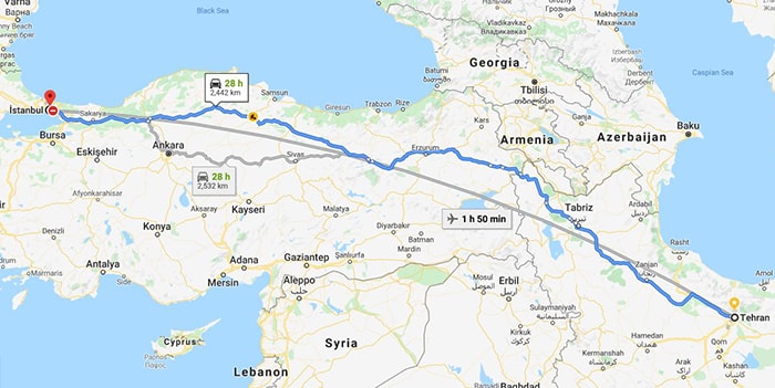 نقشه فاصله تهران تا استانبول