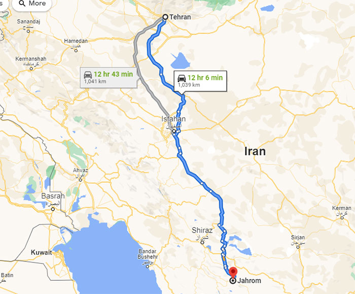 فاصله تهران تا جهرم
