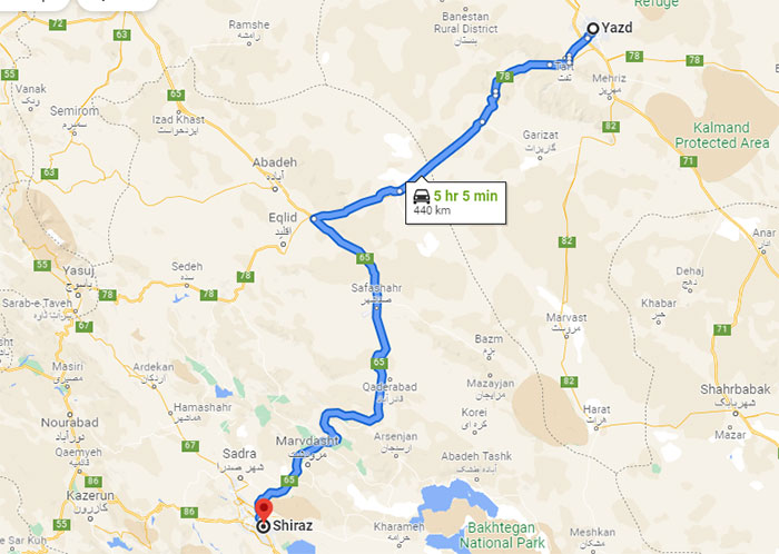 فاصله یزد تا شیراز