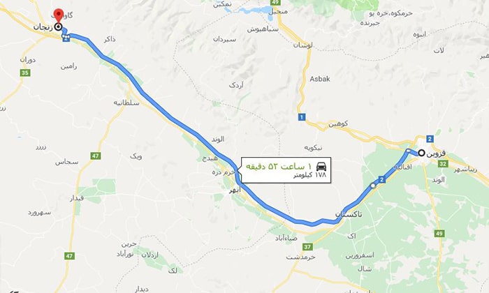 نقشه فاصله زمانی قزوین تا زنجان